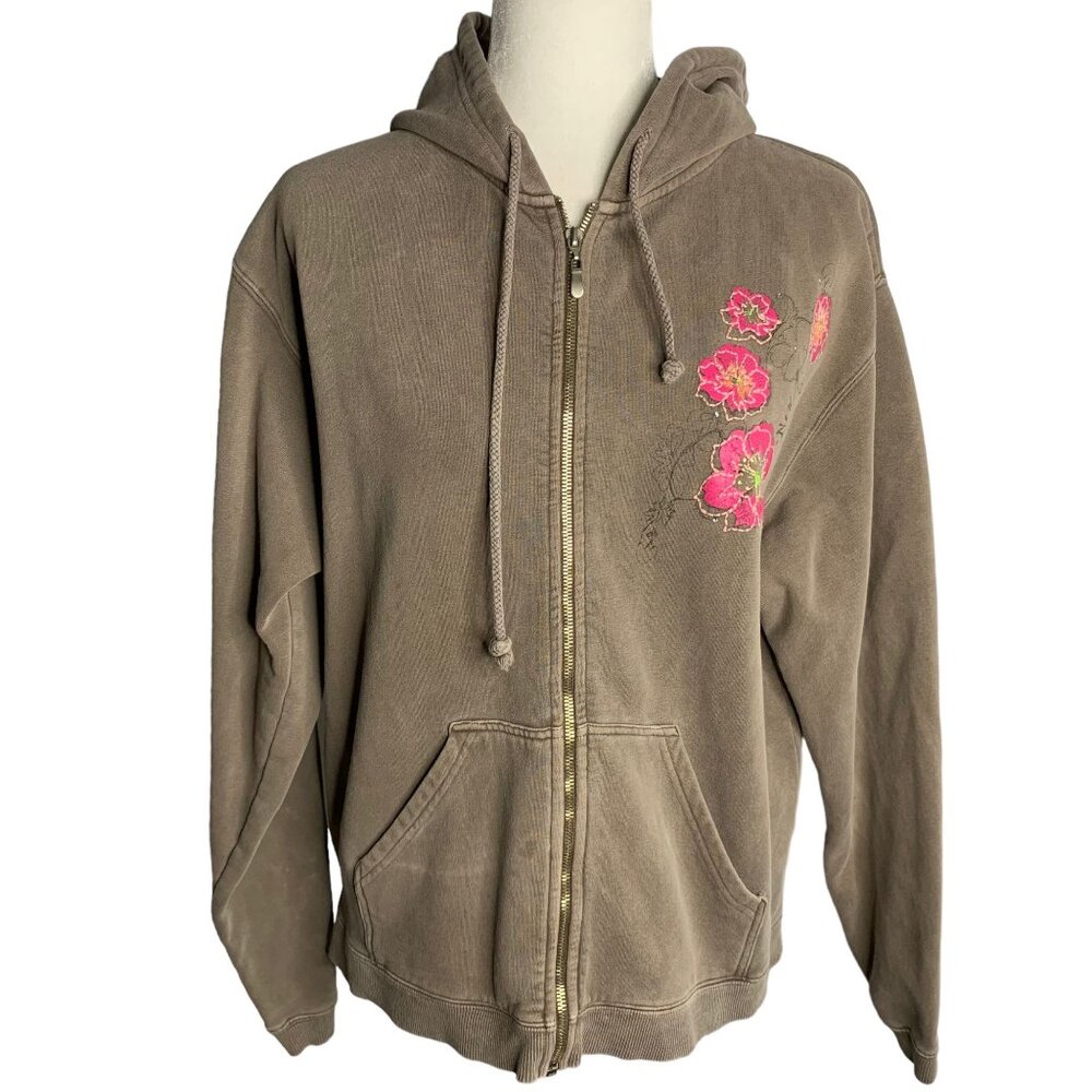 Vintage 90s New Mexico Hoodie Sweatshirt L Taupe Full Zip Embroidered Pockets